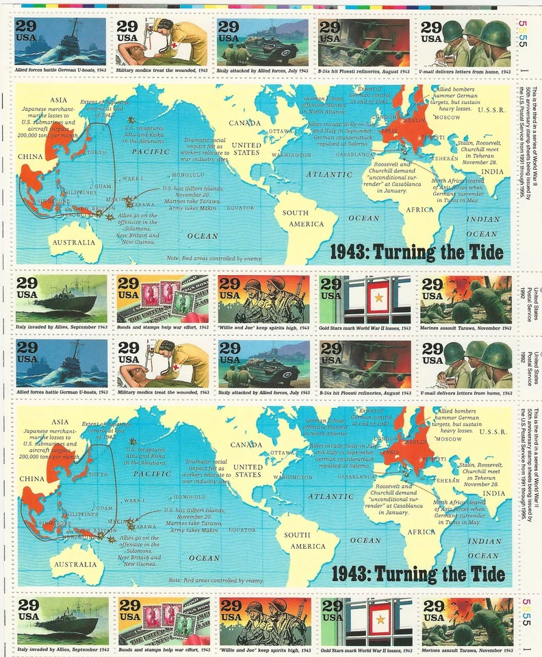 #2765 – 1943 29c World War II "Turning the Tide"  20 STAMP SHEET US HISTORY Mint - Image 1 of 1