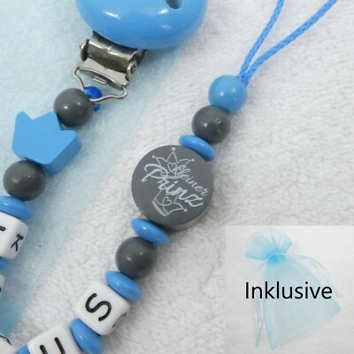 GIFT-STORE24 Schnullerkette mit Namen, grau, blau, kleiner Prinz, Krone, Junge, Baby, Geburt