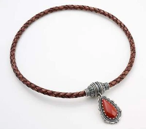American West Braided Brown Leather Magnetic Red Jasper Necklace, Sterling - Picture 1 of 3