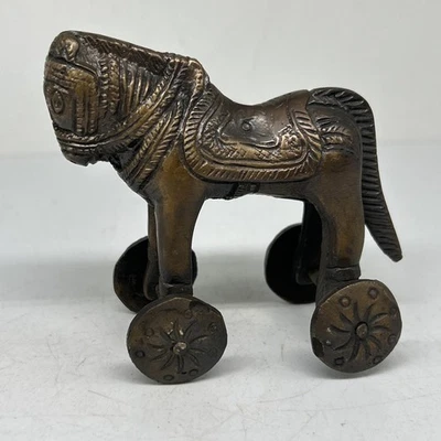 Antique 19th Century Indian Brass Horse On Wheels Temple Toy Equestrian 3.5” - Image 1 of 4