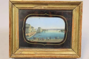 Hafenszene Biedermeier Miniaturmalerei übermalter Kupferstich um 1820/30 (HB877) - Bild 1 von 4