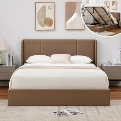 Cama de almacenamiento elevadora hidráulica tamaño queen, wingba tapizada terciopelo marrón Foto 1 de 4
