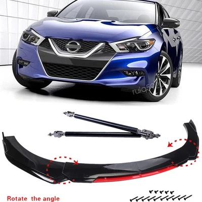For Nissan Maxima Black+Red Front Bumper Lip Spoiler Splitter Kit&Strut Rods Foto 1 de 4