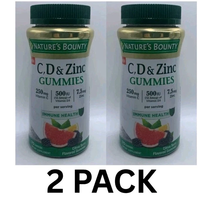 Paquete de 2 gomitas Nature's Bounty C, D y zinc 250 mg 500iu 70 quilates Ea caducidad 26/03 Foto 1 de 1