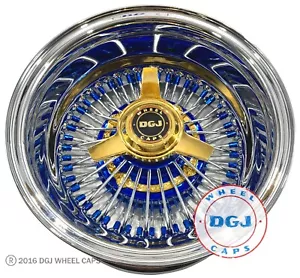 DGJ 13x7 Rev 72 Straight Candy Blue Nip+Hub & Gold Hub Ring Lowrider Wire Wheels - Bild 1 von 4