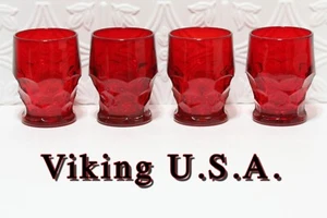 4 Vintage Viking Glass Georgian Ruby Red Lowball Tumblers Honeycomb Pattern 4" - Picture 1 of 5