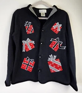 Christmas Holiday Sweater Cardigan Black Red Appliques Jewels by Mandal Bay - Picture 1 of 7