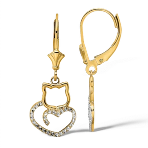 14K Solid Two Tone Gold Cat Heart Dangle Earrings - Picture 1 of 3