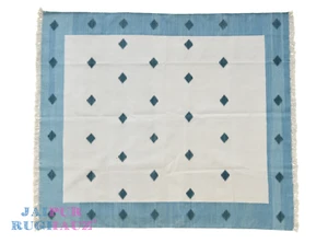 6x9 Blue White Dhurrie Handmade Cotton Area Rug Vintage Modern  Indian Flatweave - Picture 1 of 4