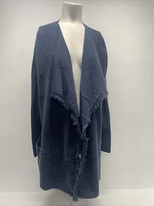 Lafayette 148 Cardigan Sweater Open Front Rib Fringe Wool Cashmere Blue Medium - Picture 1 of 7