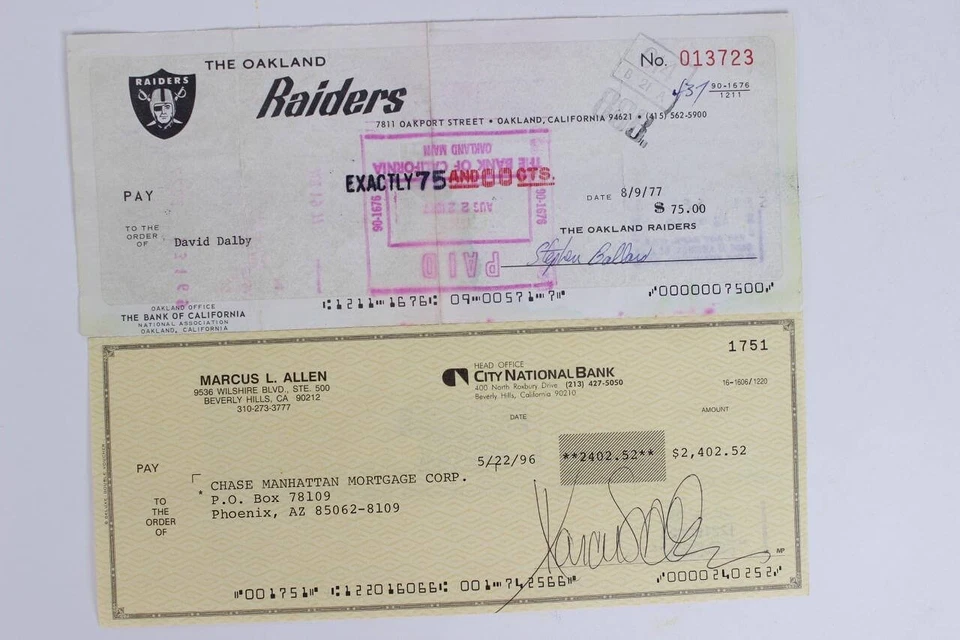 Marcus Allen Signed Check w/David Dalby Signed Check Raiders – COA JSA - Image 1 of 4