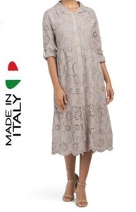 Valentina Naldi Italian eyelet cotton long sleeve shirt midi dress Taupe sz S - Picture 1 of 12