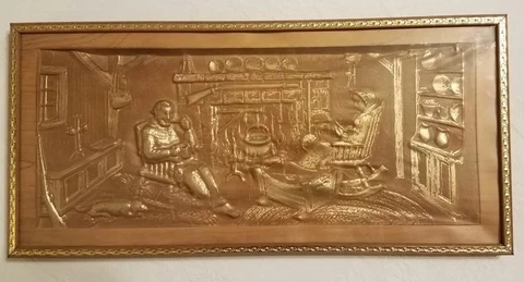 1950s Metalcraft? Colonial / Old West brown and gold Relief Print art Picture Cover