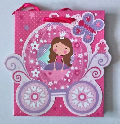GIFT BAG Pink PRINCESS CARRIAGE Glitter MEDIUM 25x21x10cm RIBBON Butterfly Tag - Image 1 of 4
