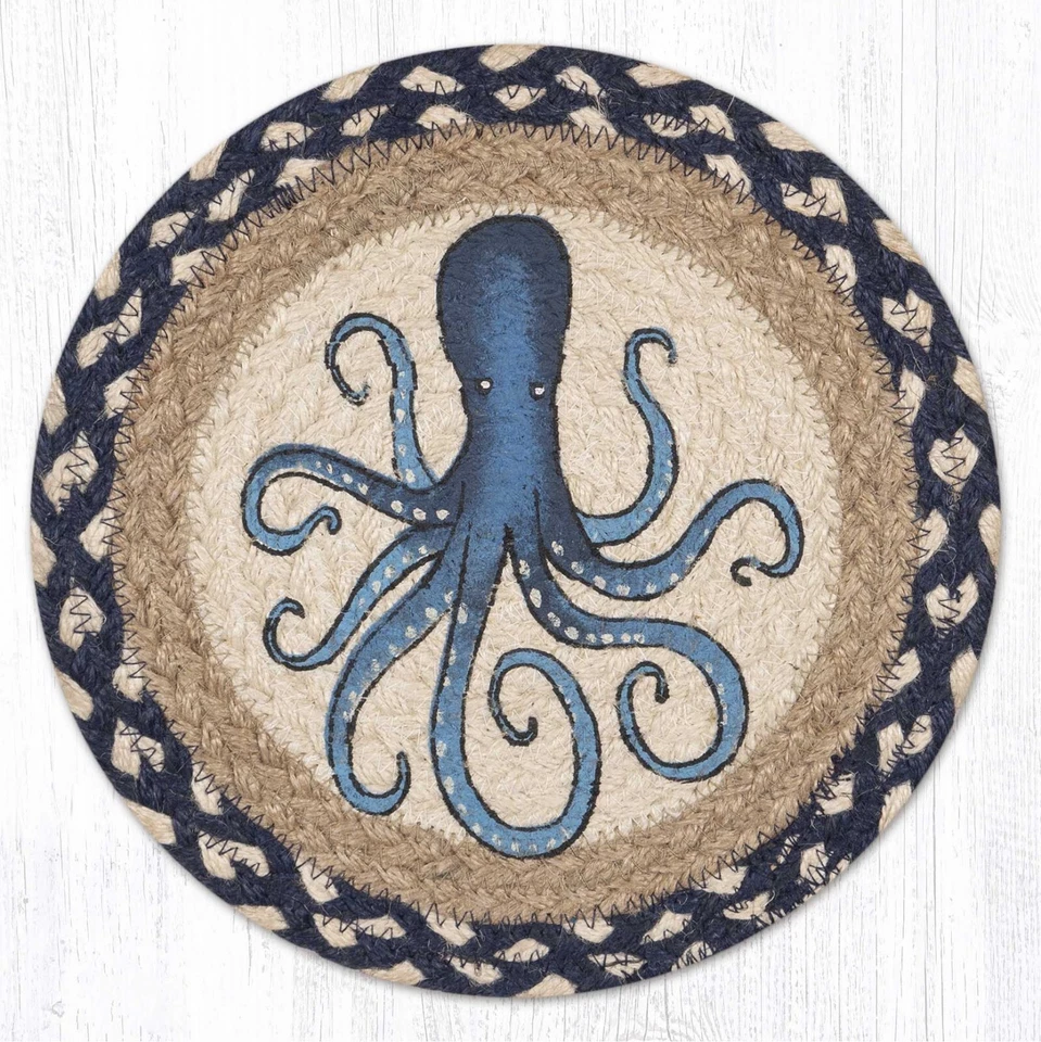 CAPITOL EARTH RUGS Blue Octopus 10" Round Placemat Trivet Earth Rugs, Braided Jute, Beach, Sea