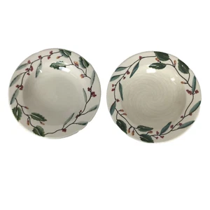 Hartstone Pottery Mistletoe Soup Bowls 10oz Rimmed 9" Christmas Set Of Two Bowls - Picture 1 of 8