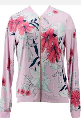 Mujer IMAN Chic Rosa Floral Tejido Elástico Chaqueta Bomber con Bolsillos Talla Grande Foto 1 de 4