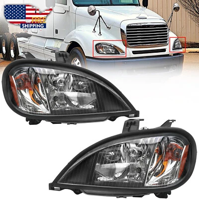 Pair of Headlights Headlamps W/ Bulb For Freightliner Columbia Black Housing - Image 1 of 4