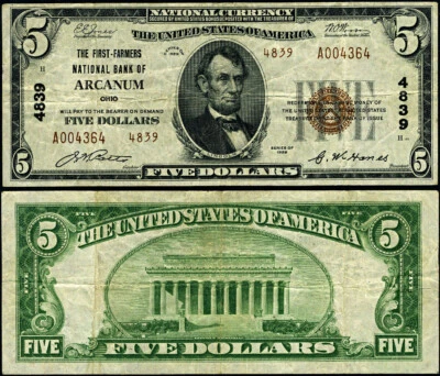 Arcanum OH-Ohio $5 1929 T-2 National Bank Note Ch #4839 First Farmers NB VF - Image 1 of 3