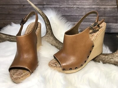 Sam Edelman Camilla 马鞍皮革露跟高跟鞋楔形木屐钉头 9 $130 — 第 1/4 张图片