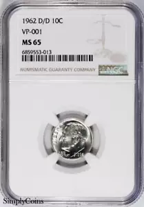 1962-D/D VP-001 RPM Roosevelt Dime NGC MS65 ~ POP 1 OF 4! Silver Coin US - Picture 1 of 2