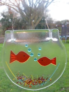fish in a bowl made in fused glass for hanging yellow, red or your choice MTO - Picture 1 of 22
