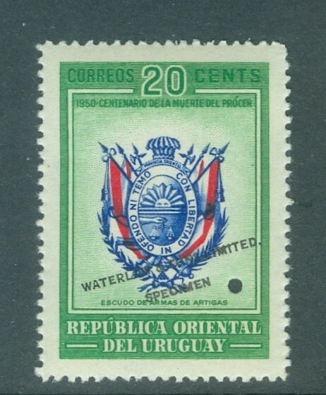 Uruguay 1952, 20c Artigas arms, flags, trial color, WATERLOW SPECIMEN NH #595 - Image 1 of 1