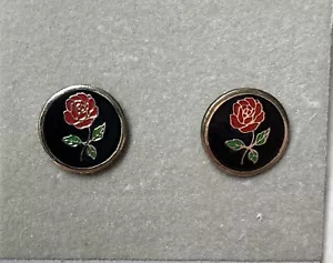 Orecchini Post Finitura Smaltata-stile Cloisonne-Piccolo Rotondo Rosso Rosa Fiore su Nero - Foto 1 di 3