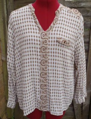 BHS PETITE Mocha Brown Mix Diamond Print Adjustable Sleeve Blouse - Size 20 - Image 1 of 4