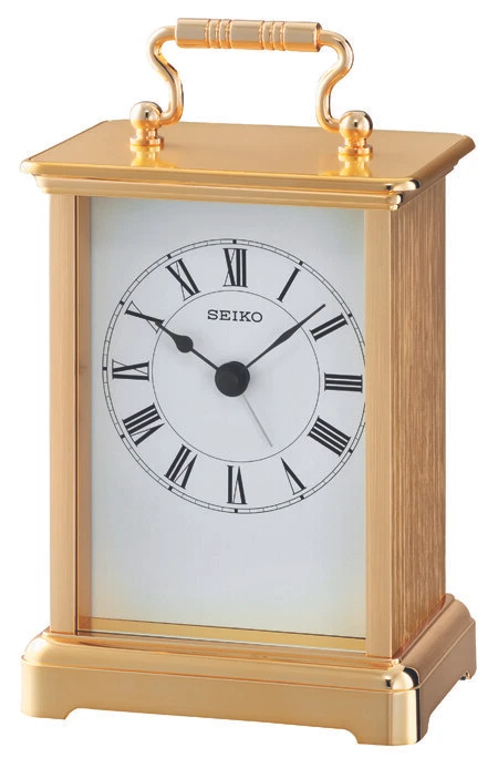Seiko Gold Tone Quartz Battery Mantle Carriage Clock, Clear White Face QHE093G - Image 1 of 1