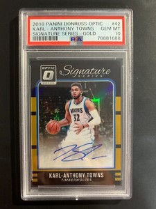 KARL ANTHONY TOWNS 2016-17 PANINI OPTIC GOLD PRIZM AUTO AUTOGRAPH #8/10 PSA 10