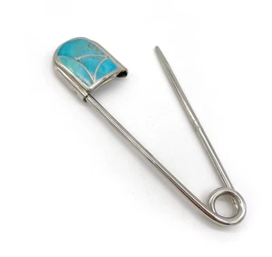 Handgefertigte Sterlingsilber Türkis Intarsien Sicherheitsnadel Brosche 3" Vintage Modernist - Bild 1 von 5