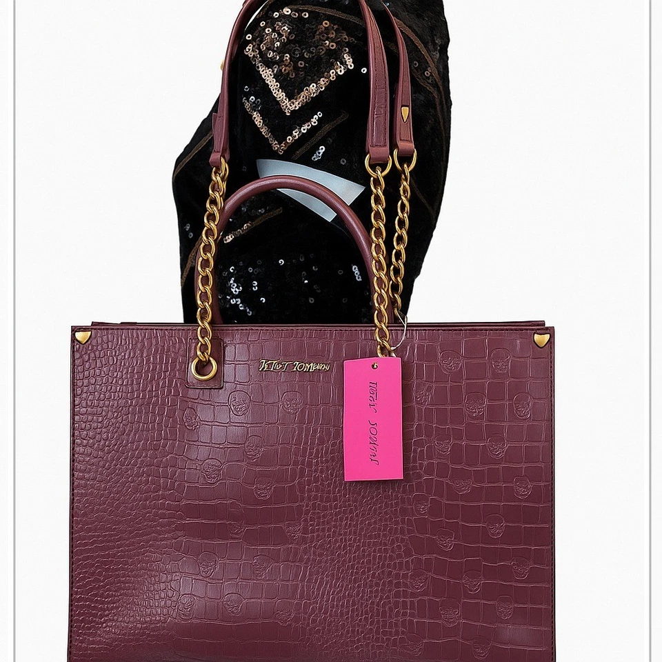 Betsey Johnson сливы череп выбитый крокодила сумка с короткими ручками - золотая цепочка ремни - новый с Ярлыками - Изображение 1 из 4