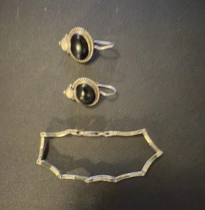Sterling Silber 9,25 Armband und Ohrring mit Onyx Stein besetzt - Bild 1 von 4