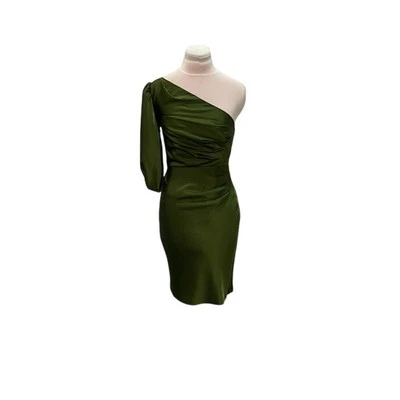 BCBG MAXAZRIA Gorgeous Green Satin One Shoulder Cocktail Dress Size 0 Side Pleat - Image 1 of 4