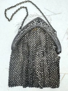 Antique 1920s German Silver Chain Mesh Purse Handbag Repousse Frame NEEDS REPAIR - Picture 1 of 24