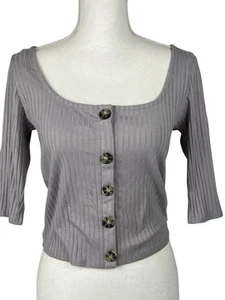 Women Blouse Size M Heathered Gray Ribbed Crop Top 3/4 Sleeve - Picture 1 of 20