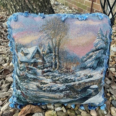 Tapiz de cabina de invierno almohada escena de invierno decoración del hogar borlas azules vacaciones Foto 1 de 4