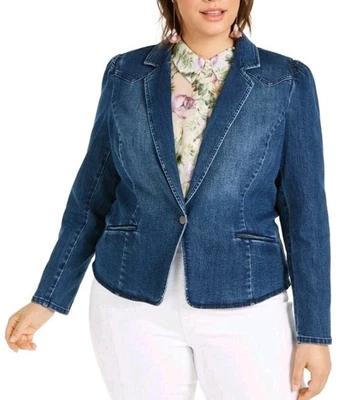 INC индиго Puff рукав джинсовой ткани одна кнопка блейзер куртка укороченный плюс размер XXL - Изображение 1 из 4