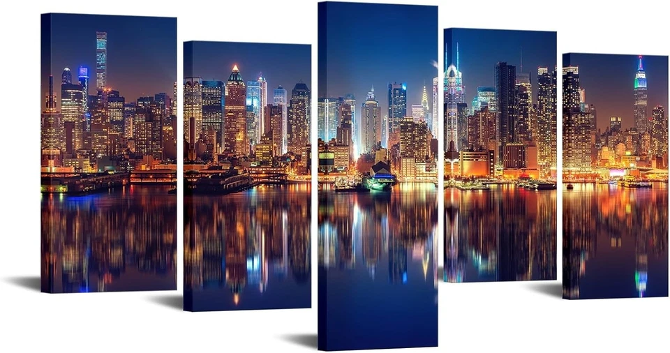 Arte de pared grande de 5 piezas en lienzo de la ciudad de Nueva York horizonte de Manhattan en la noche imagen... Foto 1 de 4