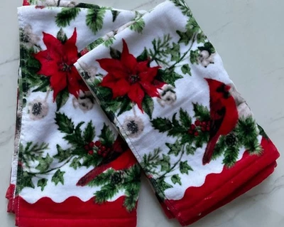 Kassafina Home Home Two (2) Holiday Hand Towels 100% Cotton 16x25 Cardinal  New - Image 1 of 4