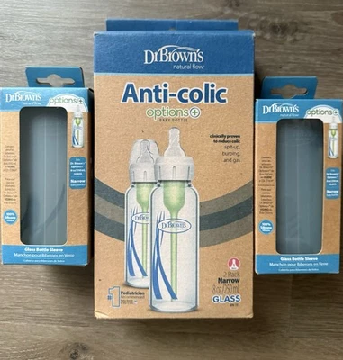 NUEVO 2 opciones anticólicos Dr. Brown's + biberón de vidrio estrecho 8 OZ con mangas Foto 1 de 4