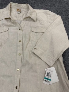 JM Collection Linen Top Womens 14P Tan 3/4 Sleeve Shirt Lagenlook Boho Beachy - Picture 1 of 13