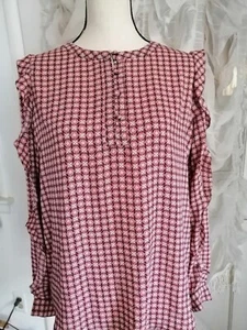 Camicetta donna Ann Taylor LOFT con volant rossa bianca floreale relax fit manica lunga - Foto 1 di 5