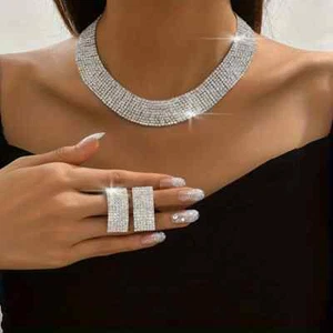 3pc Rhinestone Necklace & Earrring Set Silver Plated Inlaid Jewelry for Women - Picture 1 of 6