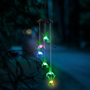 Waterproof Outdoor Hanging LED Solar Hummingbird Wind Chimes Lights Garden RGB