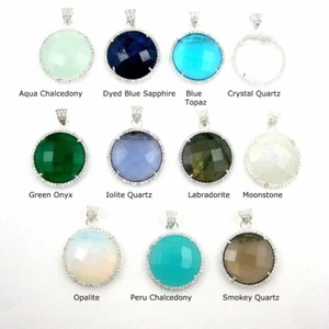 Silver Pave Round Bezel Gemstone Necklace Pendant, Cubic Zirconia Pave Pendant - Picture 1 of 23