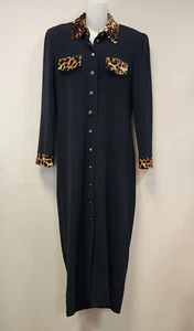 Maxi Vestido Vintage Jessica Howard 10 Negro Leopardo Terciopelo Borde Cuello Botones - Imagen 1 de 12