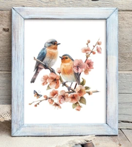 2 Birds Art Print, Birds on a Branch and Flowers Wall Art Decor, Home Decor - Picture 1 of 2