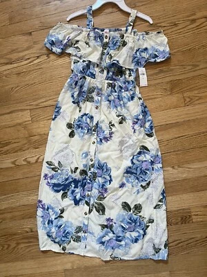 Girl's 8 Justice Dress New M NWT Blue White Floral Off the Shoulder Long Maxi - Image 1 of 4